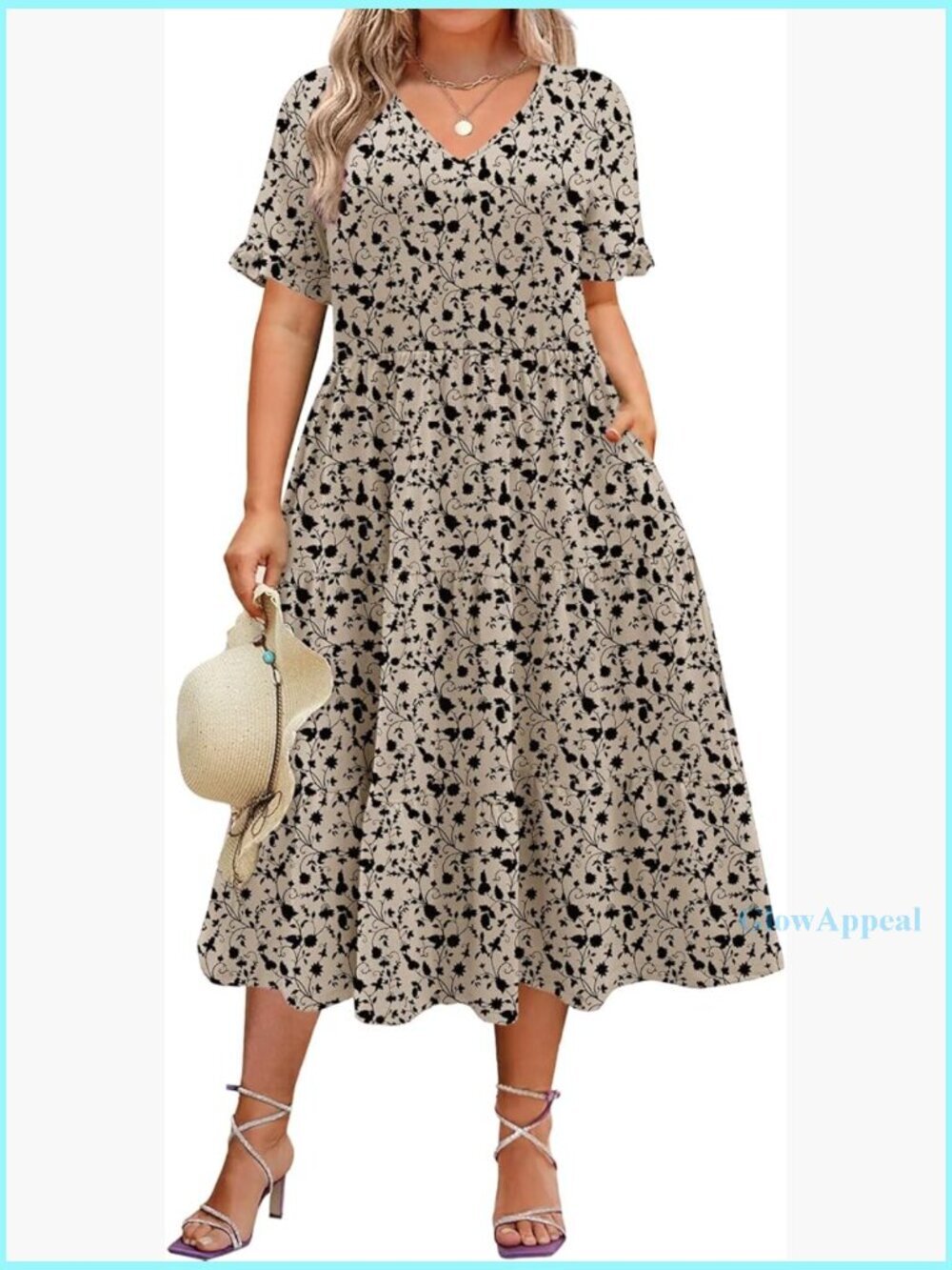 Plus Size Midi Dress with Pockets, V-Neck, Tiered, Flowy, Casual Summer